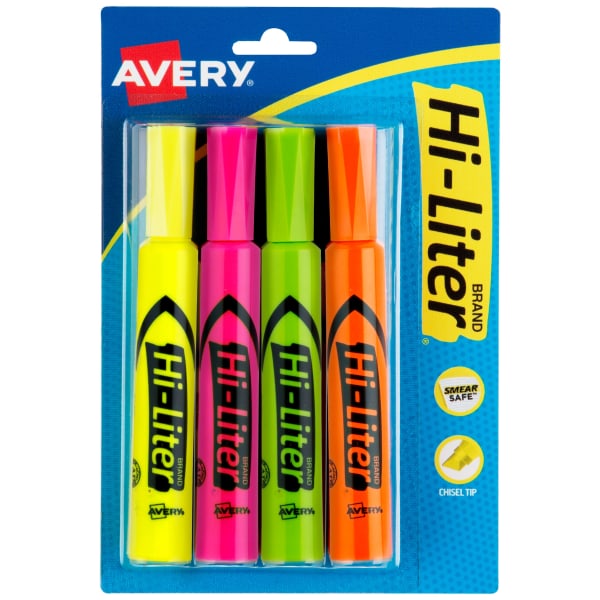 Avery(R) Hi-Liter(R), Desk-Style, Assorted Colors, 4 Count (24063)